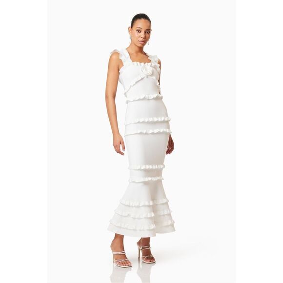 Elliatt Kimberly Frill Evening Maxi Dress White Party Date Bodycon Dress L NWT - Picture 1 of 5